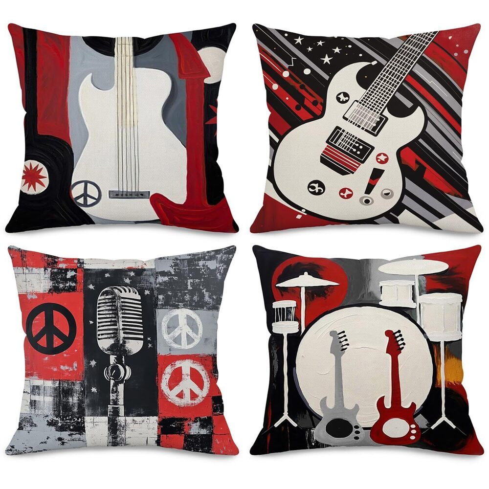 1590 Set of 4 Music Theme Throw Pillow Covers, 18x18 Inch Guitar Microphone